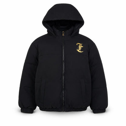 Front view of Juicy Couture girls’ black hooded puffer jacket 8 years winter full zip logo