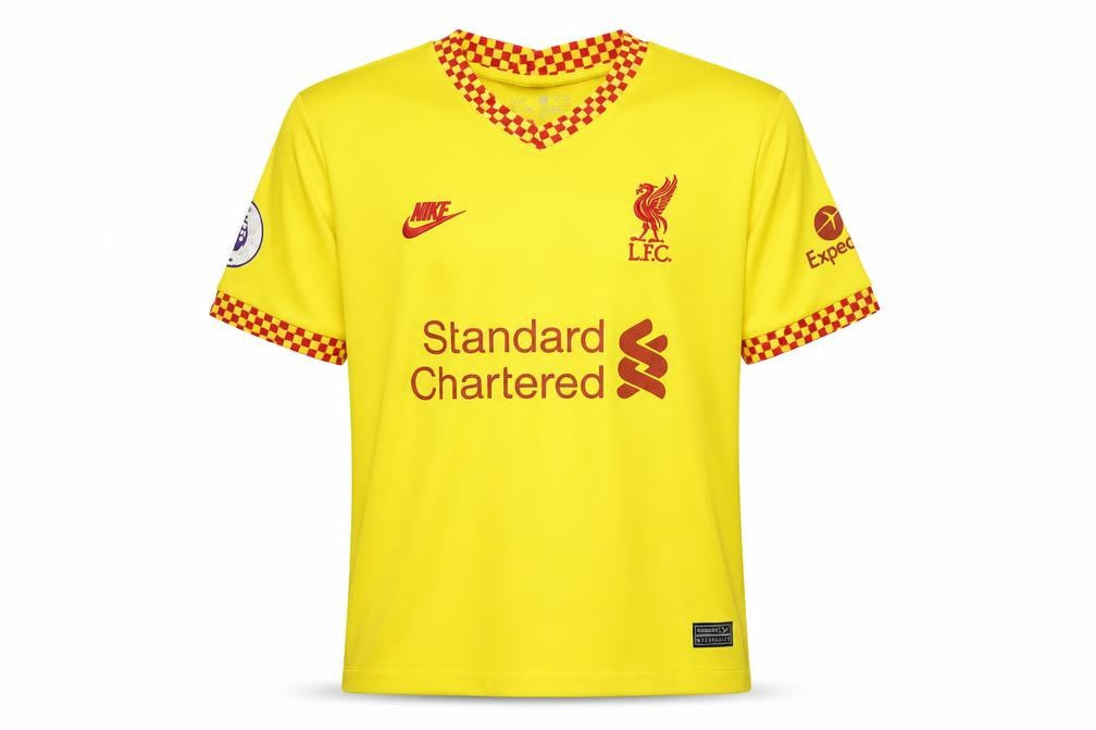 Front view of Nike boys’ yellow liverpool fc football jersey 16 years athletic fit