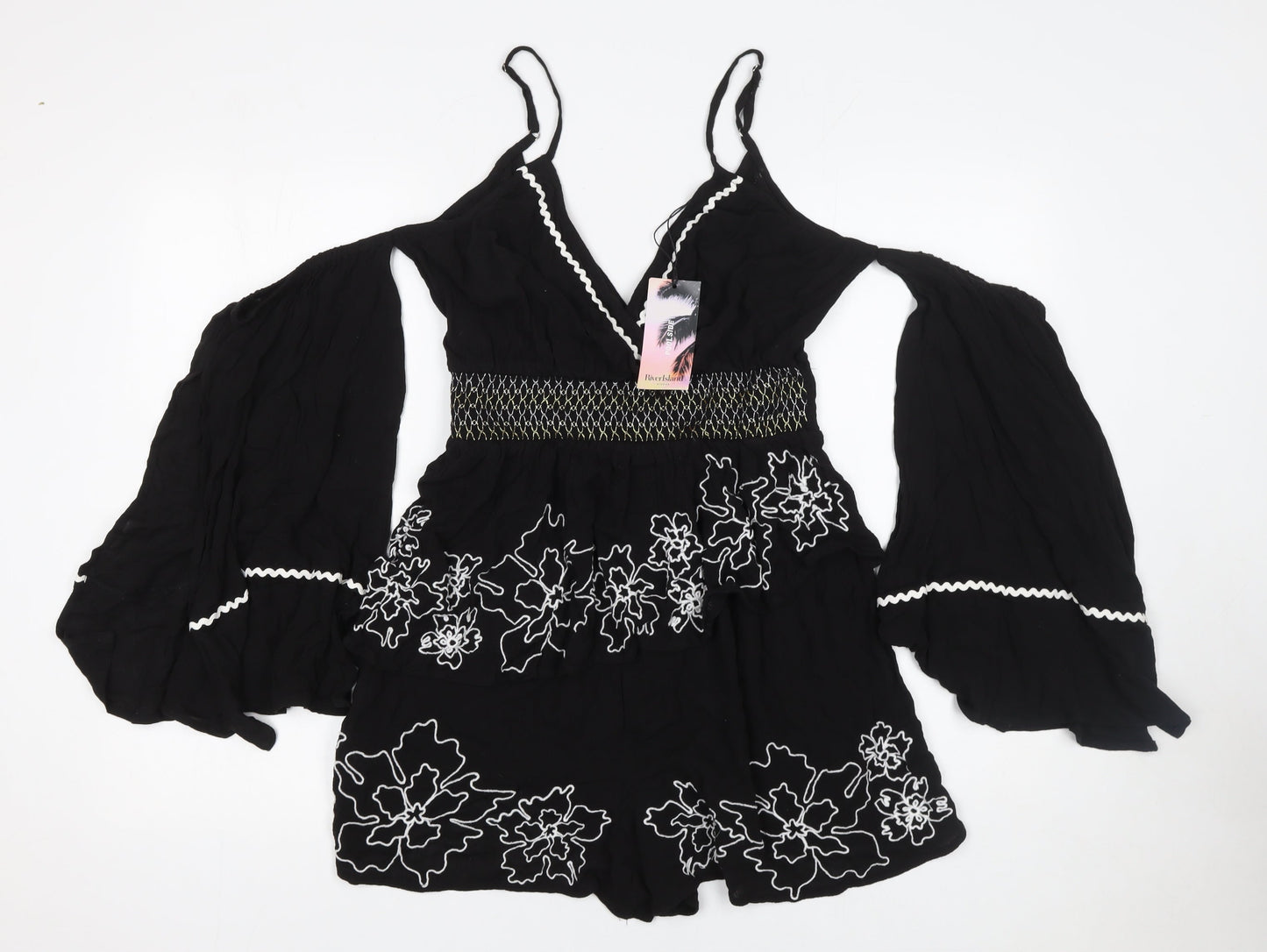 River Island Women's Black Embroidered Playsuit Size M Viscose Lace Trim