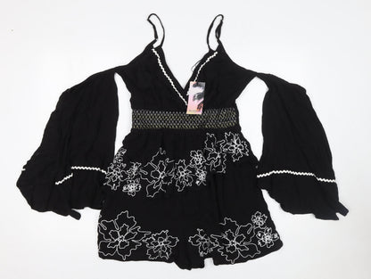 River Island Women's Black Embroidered Playsuit Size M Viscose Lace Trim