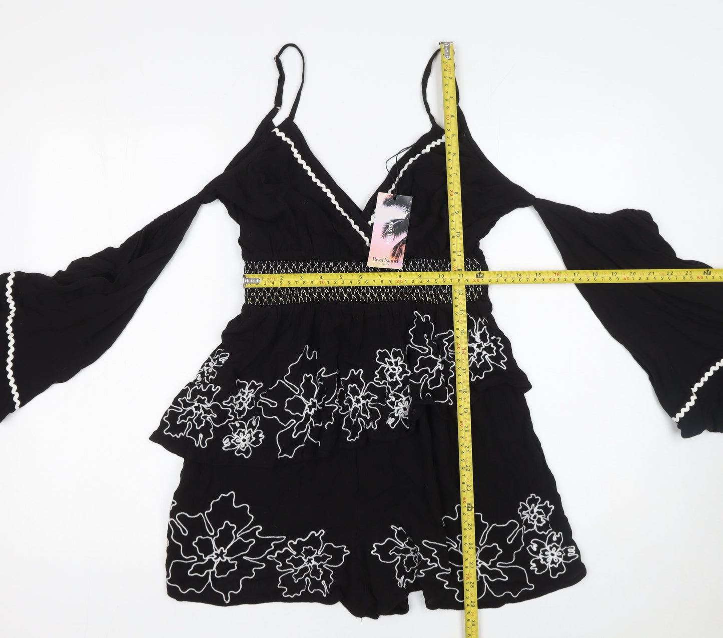 River Island Women's Black Embroidered Playsuit Size M Viscose Lace Trim