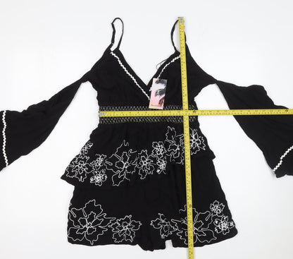 River Island Women's Black Embroidered Playsuit Size M Viscose Lace Trim