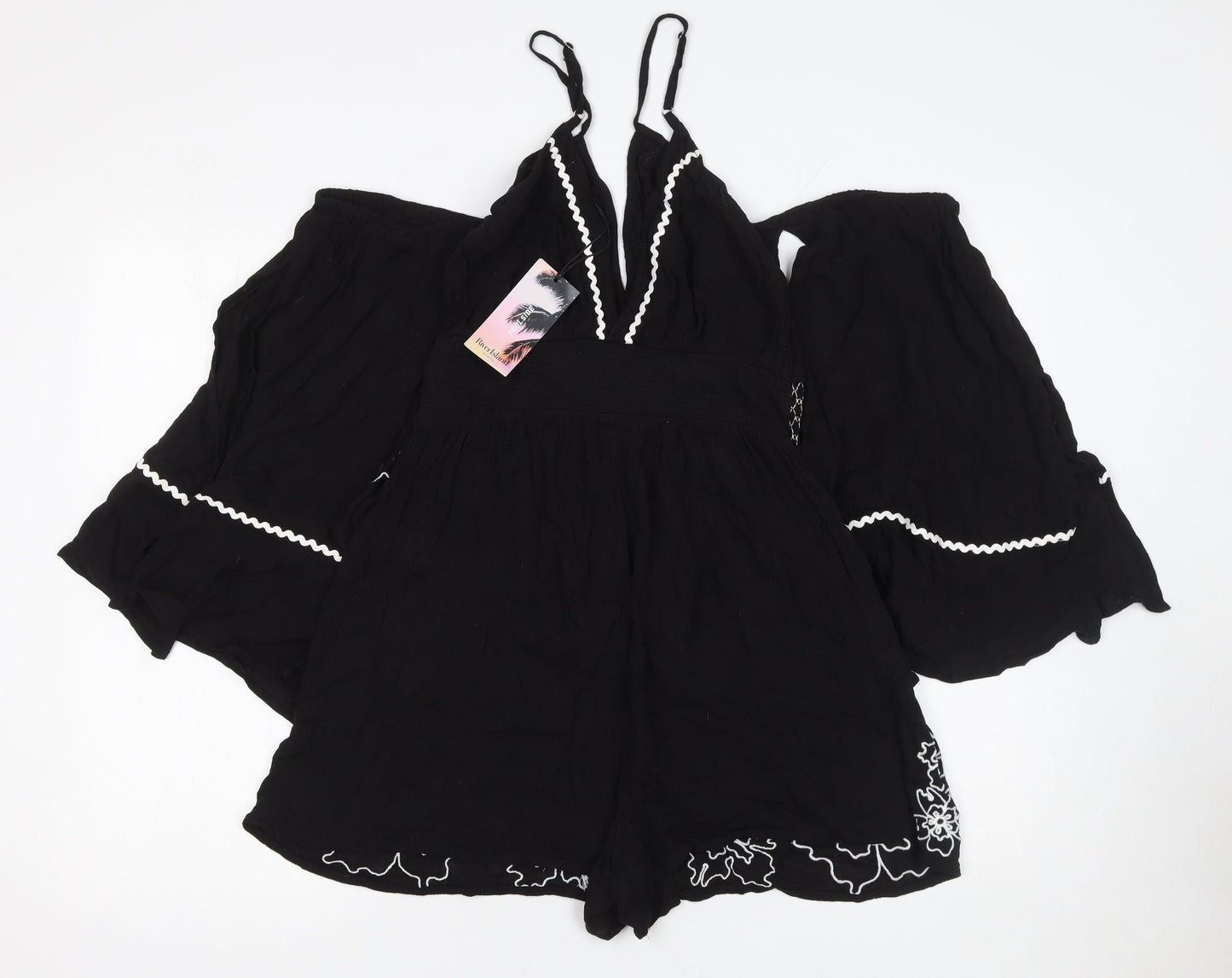 River Island Women's Black Embroidered Playsuit Size M Viscose Lace Trim