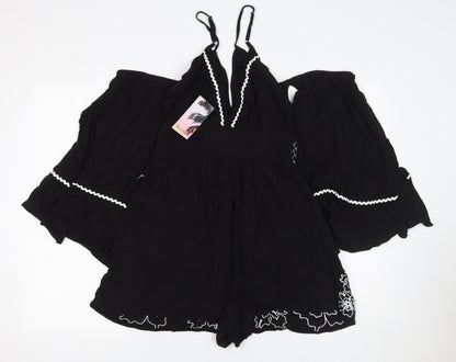 River Island Women's Black Embroidered Playsuit Size M Viscose Lace Trim
