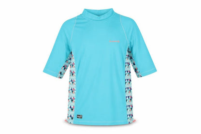 Front view of Olaian girls’ blue uv protection rash guard t-shirt 14 years summer top