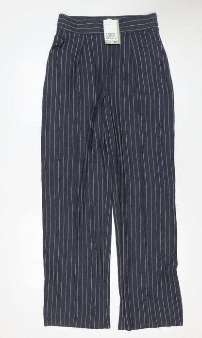 H&M Women’s Blue Striped Wide-Leg Trousers Size S Lightweight Viscose Blend