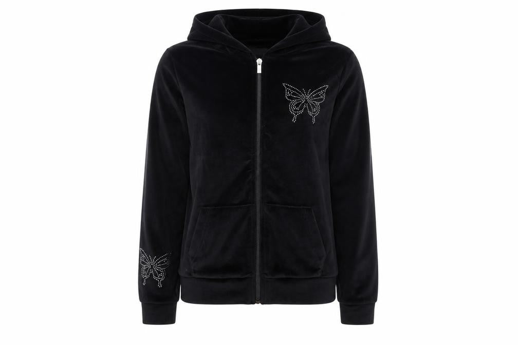 Front view of Primark girls’ black velour full zip butterfly hoodie 14-15 years