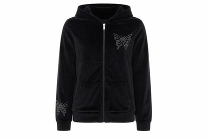 Front view of Primark girls’ black velour full zip butterfly hoodie 14-15 years