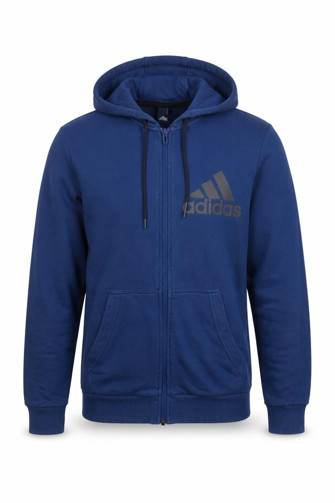 Front view of Adidas Men's Blue Full Zip Hoodie, size M, Sports Cotton Blend