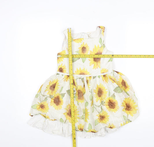 Next Girls White Sunflower A-Line Cotton Blend Dress 7 Years