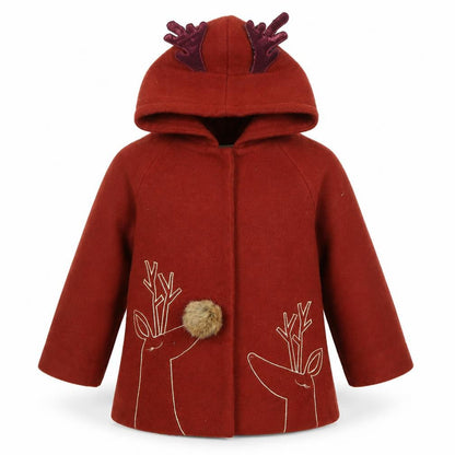 Front view of TONG MO girls’ red wool blend hooded reindeer christmas coat age 3 years