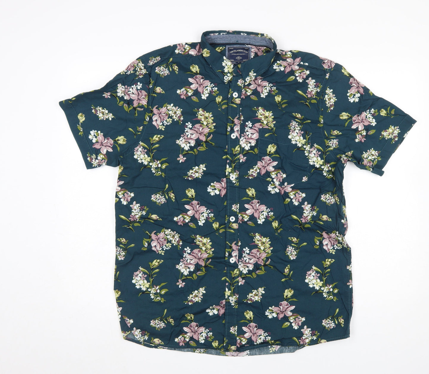 Tokyo Laundry Men's Green Floral Short Sleeve Cotton Button-Up Shirt L