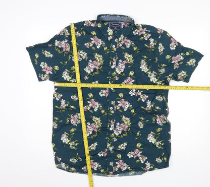 Tokyo Laundry Men's Green Floral Short Sleeve Cotton Button-Up Shirt L