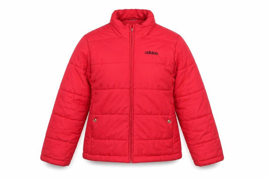 Front view of Adidas Women Red Puffer Jacket, size 12, Quilted Winter Coat