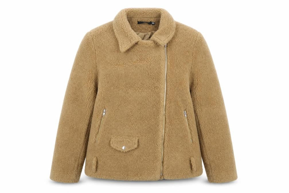 Front view of Missguided women’s beige fleece biker jacket, size UK 14