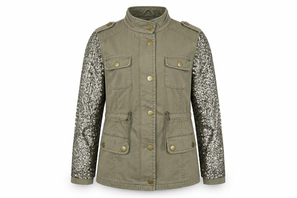 Front view of George girls’ green military style sequin sleeve jacket 11-12 years