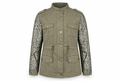 Front view of George girls’ green military style sequin sleeve jacket 11-12 years