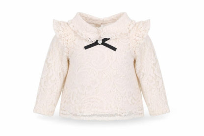 Front view of River Island girls’ ivory lace long sleeve blouse 6-9 months formal party top