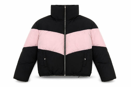 Front view of Nobody's Child Women's Black Pink Puffer Jacket, size 14, Winter Coat