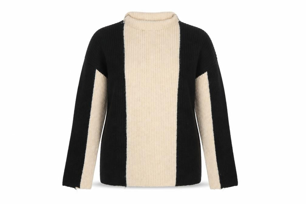 Front view of Gallery Women’s Black Beige Striped Mock Neck Chunky Knit Jumper, size M