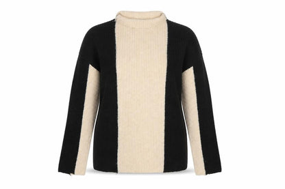 Front view of Gallery Women’s Black Beige Striped Mock Neck Chunky Knit Jumper, size M