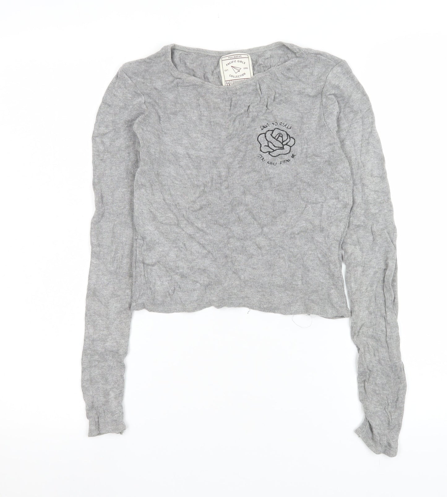 Womens UK Size 12 Pull&Bear Grey Cropped T-Shirt