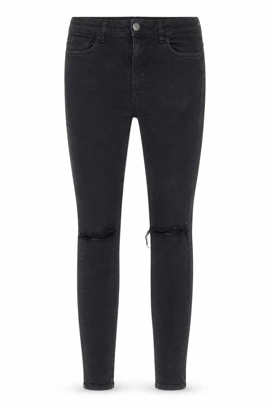Front view of HERA Women's Black Distressed Skinny Jeans L Stretch Denim