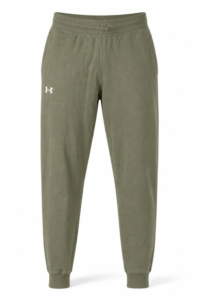 Front view of Under Armour men’s green fleece sweatpants joggers, size M