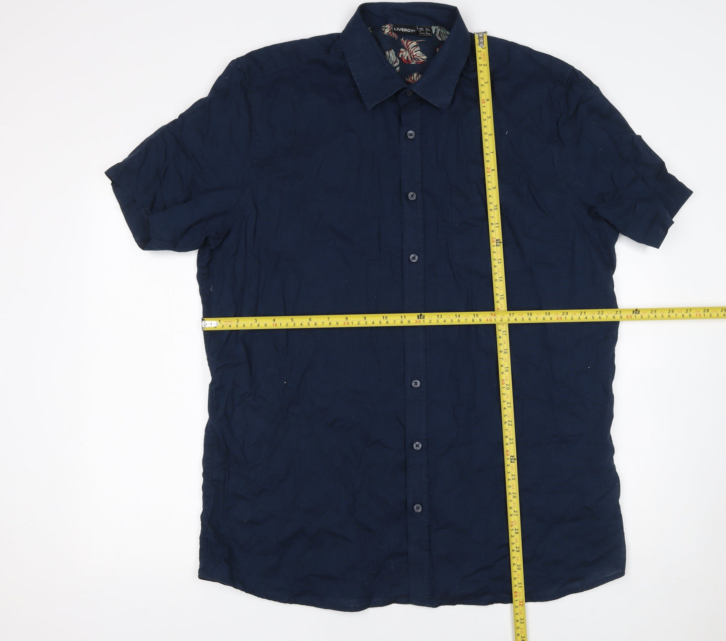 Livergy Men's Blue Linen Cotton Short Sleeve Button-Up XL Shirt