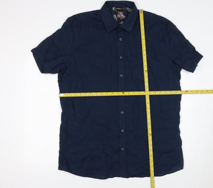 Livergy Men's Blue Linen Cotton Short Sleeve Button-Up XL Shirt