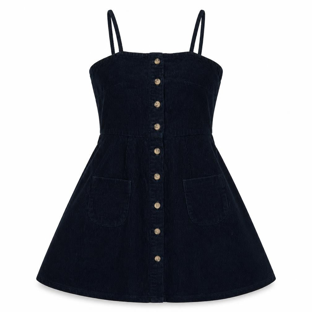 Front view of ASOS Women Black Corduroy Pinafore Dress, size 8, Sleeveless Adjustable Straps