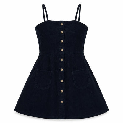 Front view of ASOS Women Black Corduroy Pinafore Dress, size 8, Sleeveless Adjustable Straps