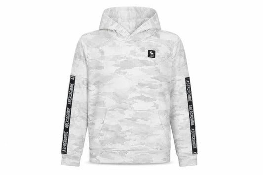 Front view of Abercrombie & Fitch boys’ white camouflage pullover hoodie, size 13-14, years