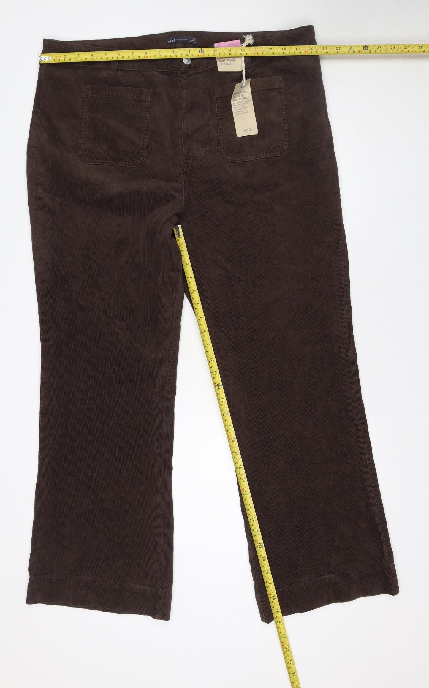 Marks and Spencer Womens Brown Corduroy Flared High Rise Trousers Size 22