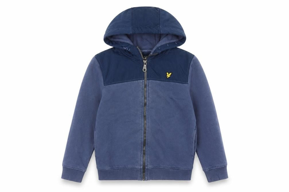 Front view of Lyle & Scott boys’ blue full zip hoodie 8-9 years polyester fleece