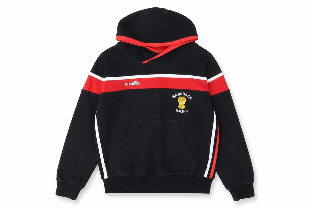 Front view of O'Neill boys’ black red pullover hoodie 9-10 years sandbach rufc fleece
