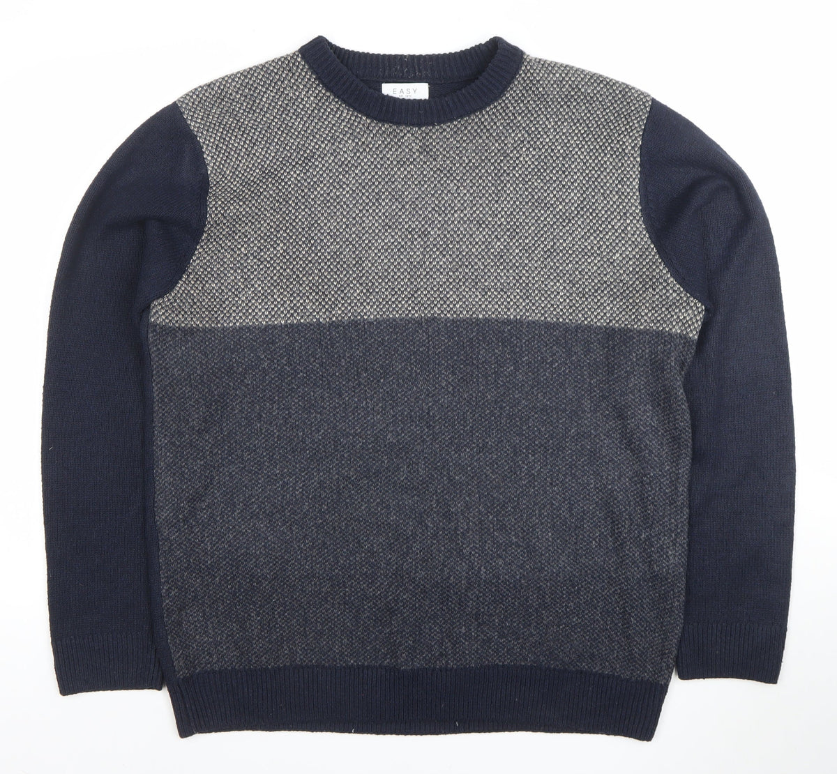 Easy Men's Blue Geometric Knit Crew Neck Pullover Jumper L