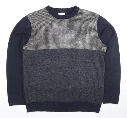 Easy Men's Blue Geometric Knit Crew Neck Pullover Jumper L