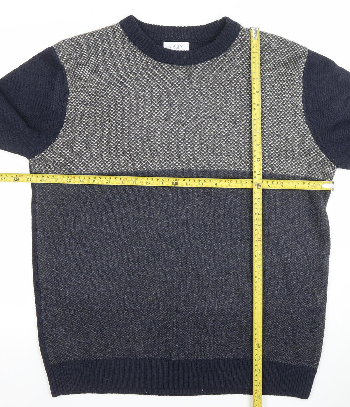 Easy Men's Blue Geometric Knit Crew Neck Pullover Jumper L