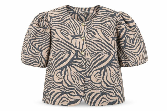 Front view of Gallery Women’s Beige Zebra Print Short Sleeve Blazer UK 20