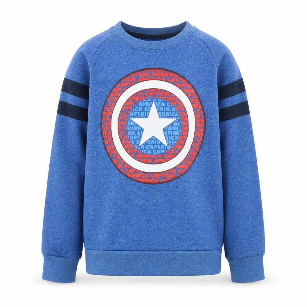 Front view of Marvel boys’ blue captain america sweatshirt age 10 crew neck fleece