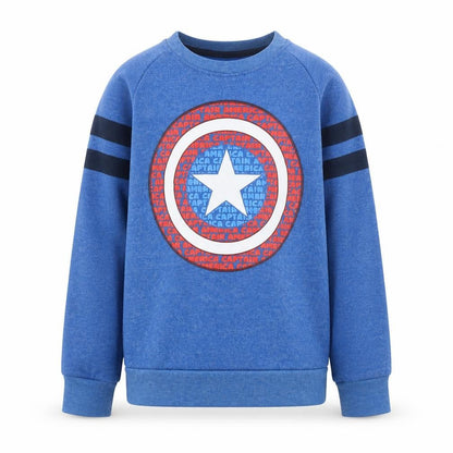 Front view of Marvel boys’ blue captain america sweatshirt age 10 crew neck fleece