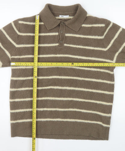 Zara Men's Brown Striped Collared Henley Jumper Size L