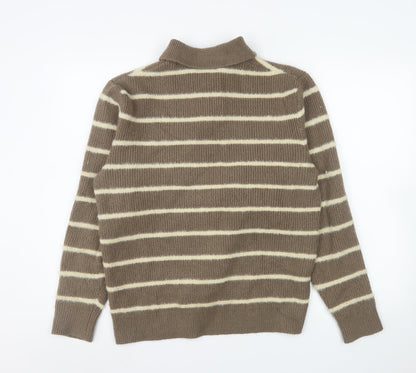 Zara Men's Brown Striped Collared Henley Jumper Size L