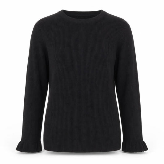 Front view of Red Herring women’s black long sleeve knit ruffle blouse, size UK 12