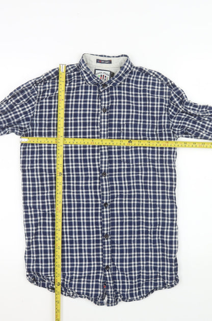 Cool Plus Men's Blue Check Long Sleeve Cotton Band Collar Shirt Size L
