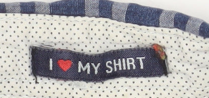 Cool Plus Men's Blue Check Long Sleeve Cotton Band Collar Shirt Size L