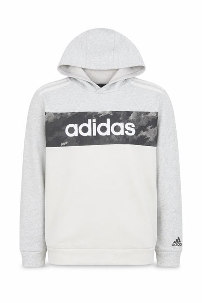 Front view of Adidas boys’ grey hoodie 12-13 years pullover fleece logo sweatshirt
