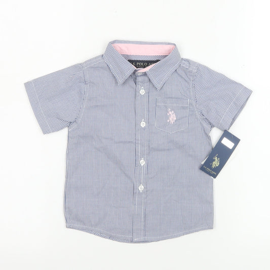 U.S. Polo Assn. Boys Blue Check Short Sleeve Button-Up Shirt 18-24 Months