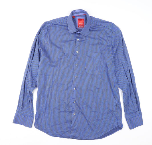 Benetti Luxury Men's Blue Striped Cotton Long Sleeve Button-Up Shirt Size L